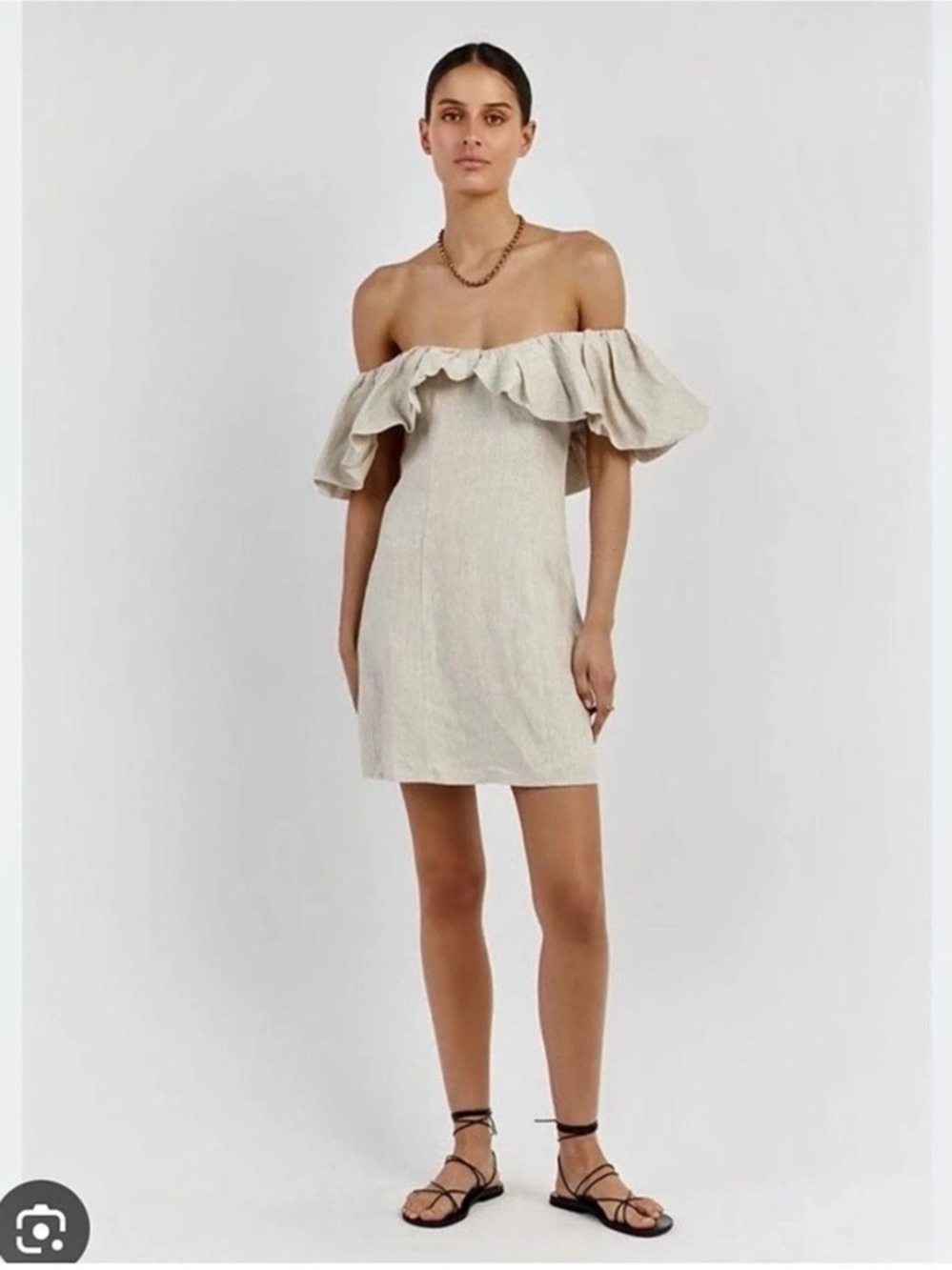 DISSH Off The Shoulder Ruffle Linen Mini Dress Oatmeal Beige